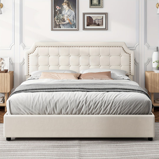 Upholstered Bed Frame with Storage Drawers, Platform Bed with Curved Button Tufted Headboard with Nailhead Trim, Solid Wooden Slats Support, No Box Spring Needed, Beige, White, Black, Full, Queen, King