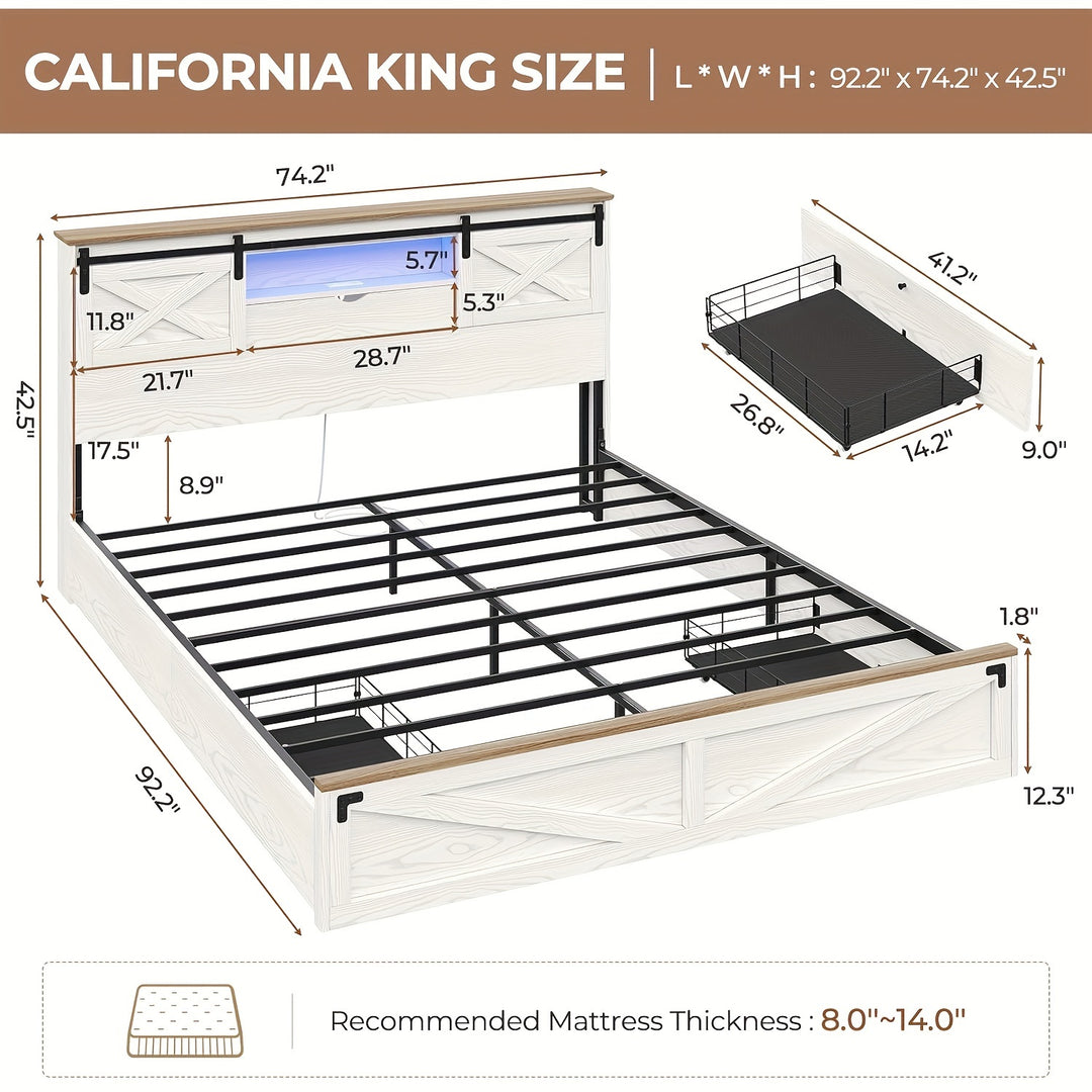 Walnut White Farmhouse Queen Platform Bed with LED Lights, Charging Station & Storage Shelves