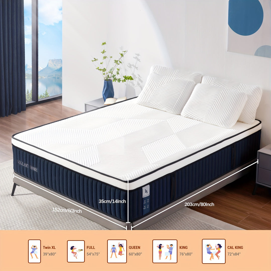 DIGLANT 14 Inch Hybrid Mattress, Medium Plush, Pressure Relieving, CertiPUR-US Certified