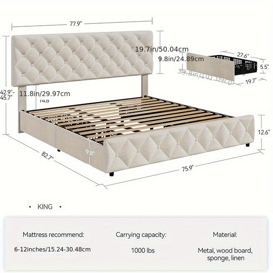 Linen Upholstered Platform Bed, 4 Storage Drawers, Adjustable Headboard