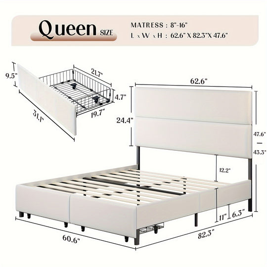 Queen 47.6" Upholstered Bed Frame With Two Storage Drawers, Linen Platform Bed Featuring A Height-Adjustable Headboard White