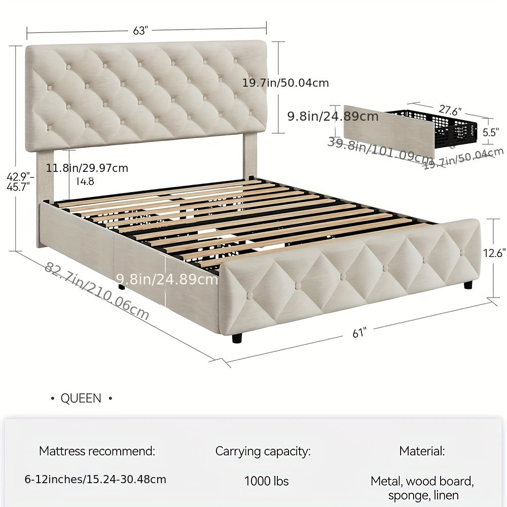 Linen Upholstered Platform Bed, 4 Storage Drawers, Adjustable Headboard