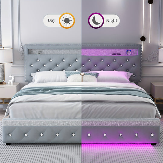 Queen Size Bed Frame With RGB LED Lights, Upholstered Bed Frames Full Size With 2 Storage Drawers, King Size Platform Bed With Adjustable Height Crystal Button Tufted Headboard, No Box Spring Needed, Noise-Free, Easy Assembly