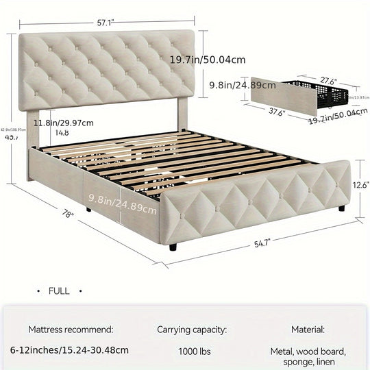 Linen Upholstered Platform Bed, 4 Storage Drawers, Adjustable Headboard