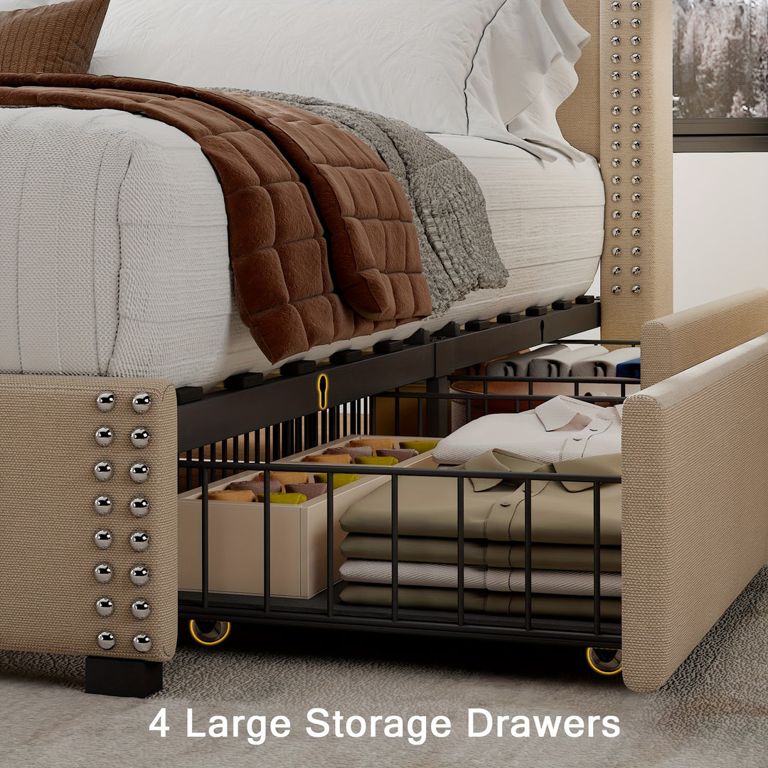 Upholstered Bed Frame with Storage Drawers, Charging Station, Wingback Headboard, No Box Spring Needed