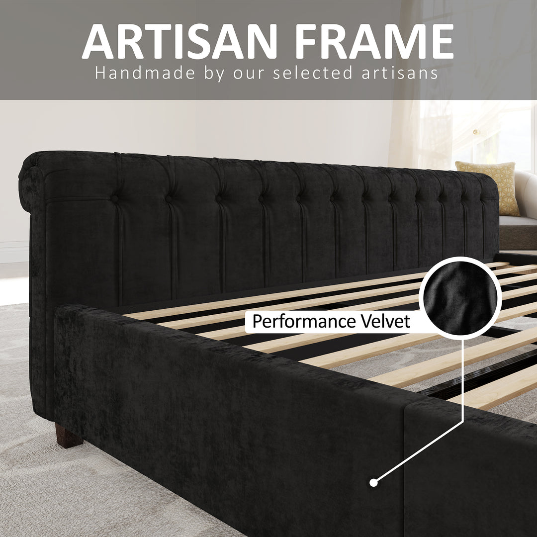 Luxurious Chenille-Upholstered Platform Bed Frame Collection: Ornamented with Scroll-Patterned Wingback Headboard & Matching Footboard, Button-Tufted Finishes, Box Spring-Free Configuration