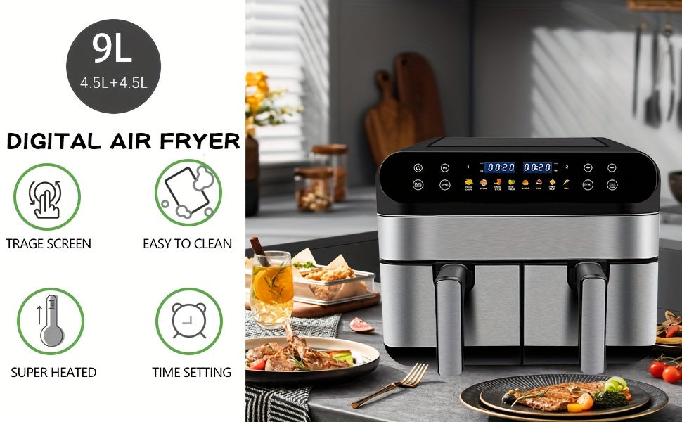 1800W 9L Double Air Fryer with 2 x 4.5L Independent Baskets, Dual Zone Family Size Healthy Oil-free Air Fryer Oven, Cookbook, 10 Presets & Digital LED Display