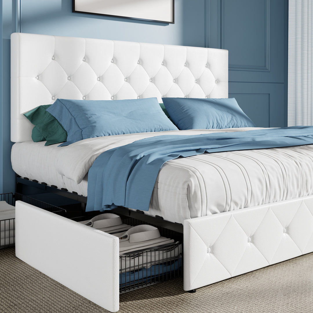 HOOMIC Full/Queen/King Size Platform Storage Bed Frame with 4 Drawers & Adjustable Headboard, Wooden Slats, No Box Spring Needed, Diamond Stitched Button Tufted Design, Noise Free, Easy Assembly