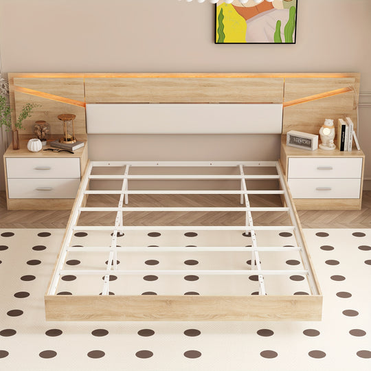 1pc Modern Wooden Bed Frame With Nightstands And Headboard, MDF Construction, No Assembly Required