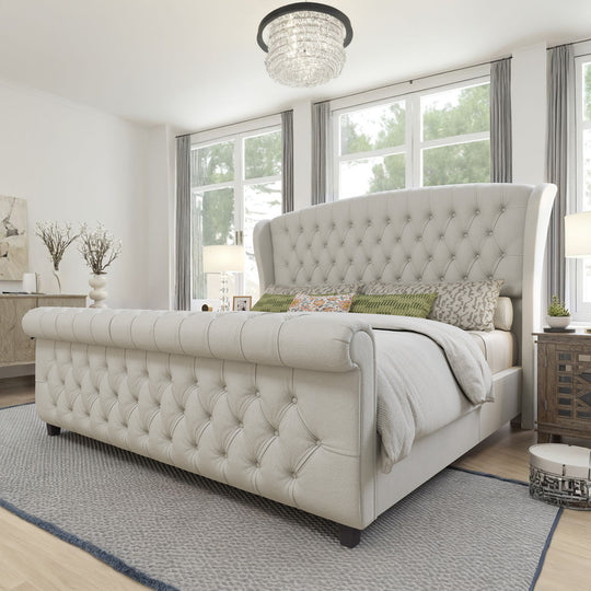 Luxurious Chenille-Upholstered Platform Bed Frame Collection: Ornamented with Scroll-Patterned Wingback Headboard & Matching Footboard, Button-Tufted Finishes, Box Spring-Free Configuration