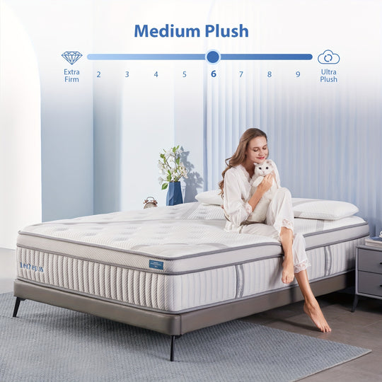 Lechepus 14 Inch Medium Plush Hybrid Mattress with Memory Foam & 7-Zone Individual Pocket Spring Mattress, Supportive & Pressure Relief, Mattress in a Box