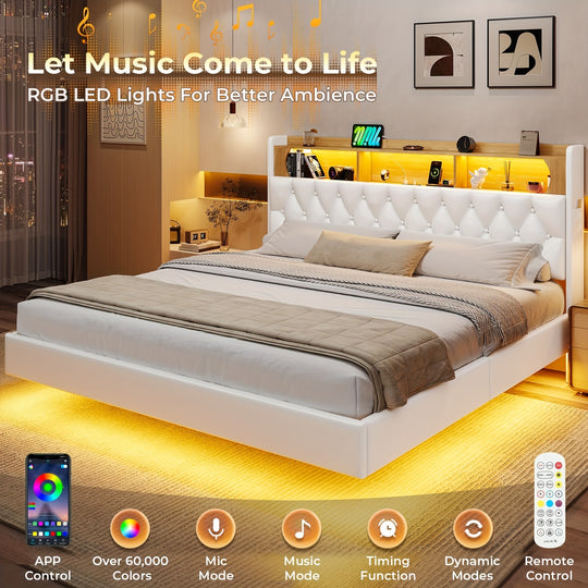 King/ Queen/ Full Floating Bed Frame with Storage Headboard, Leather King Platform Bed with LED Lights & Charging Station, Modern LED Floating Bed, No Box Spring Needed, White