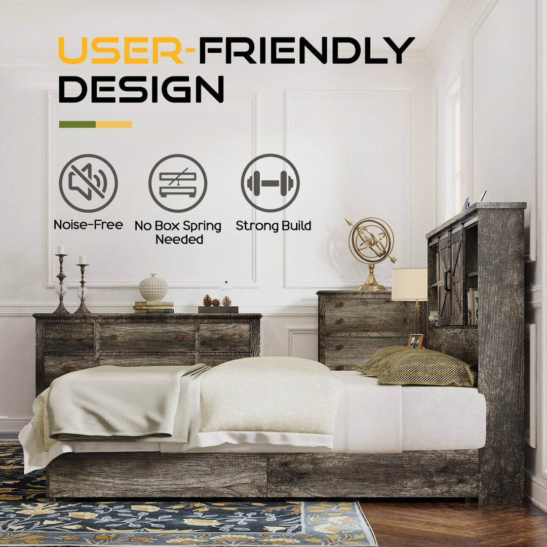 Farmhouse-Style Wooden Platform Bed Frame Boasting a 51.2" Bookcase Headboard, Integrated Storage with a Sliding Barn Door Charging Station and 2 Drawers - No Box Spring Required, Totally Noise-Free