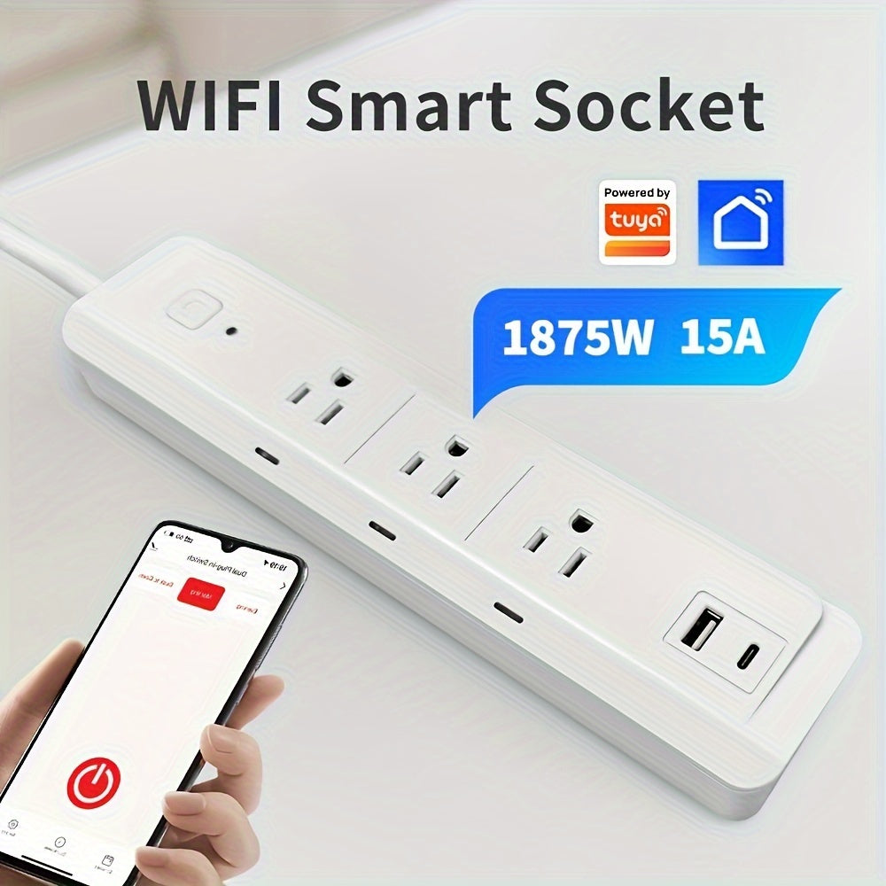 1pc Smart WiFi Outlet with Surge Protector - 4 Standard Plugs, 2 USB Ports, 6-Foot Power Cord, WiFi Control, Compatible with Alexa and Google Home, 110V/220V, US Plug, No Battery Required