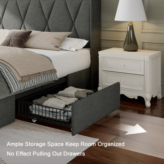 Full Size Bed Frame with 4 Drawers, Storage Headboard with Fast Charging Station, Upholstered Button Tufted Platform Beds, Wood Slats, Noise-Free, No Box Spring Needed, Dark Grey