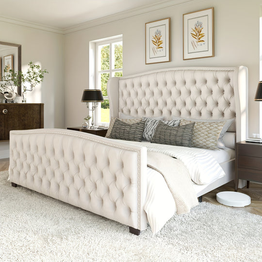 Platform Bed Frame, Velvet Upholstered Bed with Deep Button Tufted & Nailhead Trim Wingback Headboard/No Box Spring Required/