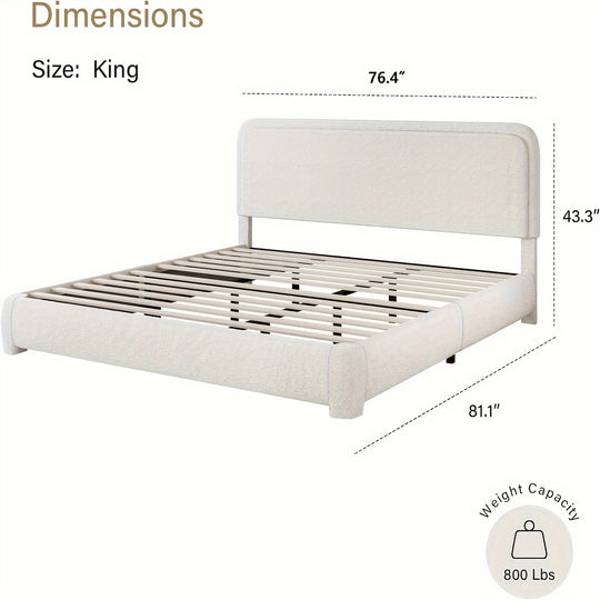 Upholstered Platform Bed Frame, Modern Style, Soft Rounded Corners, Noise Free, Easy Assembly, Off White Boucle