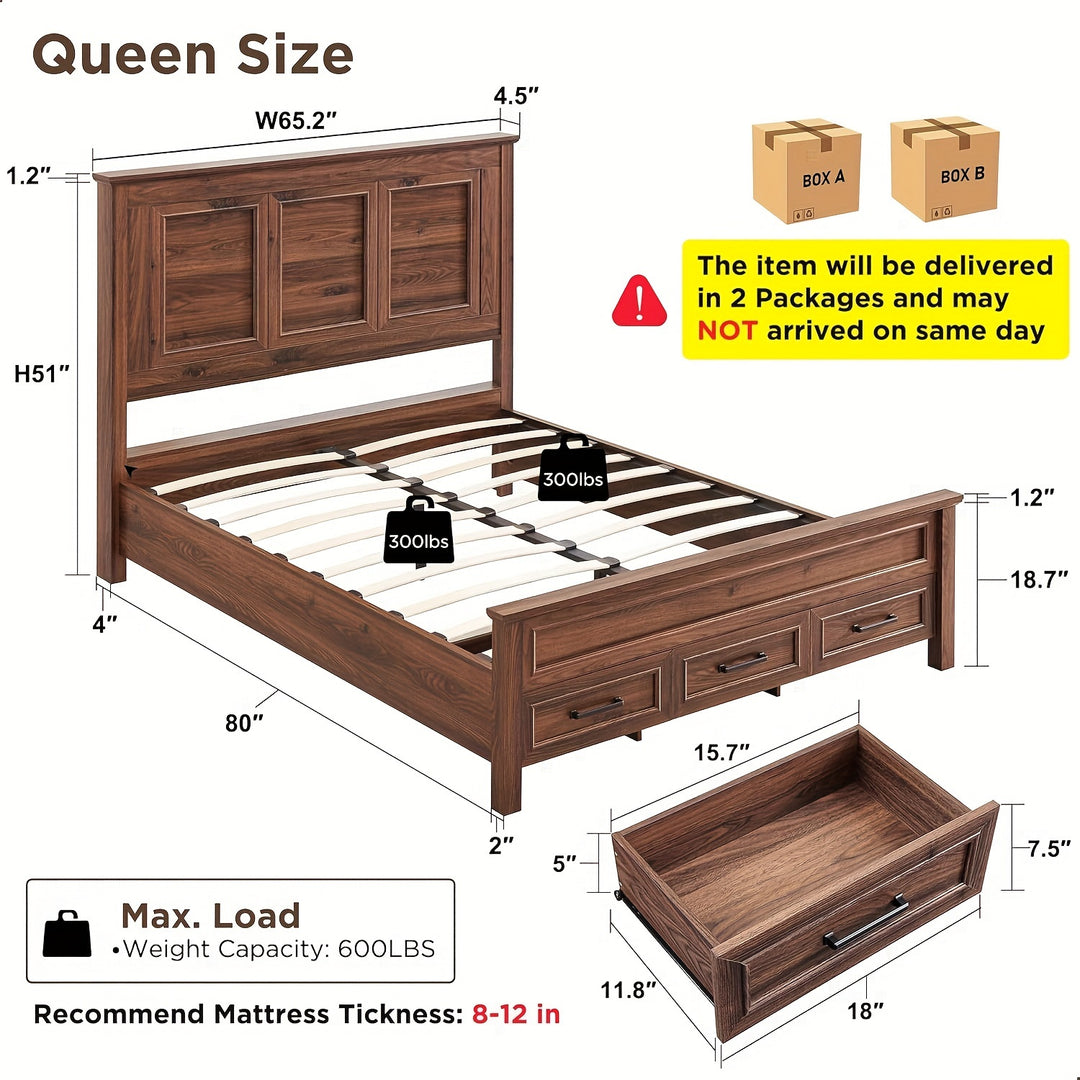 Farmhouse Queen Size Bed Frame With 52" Tall Full-Panel Headboard, Wood Platform Bedframe With Footboard And Storage Drawers, No Squeak, No Box Spring Needed