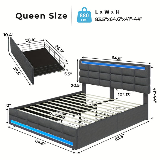 Queen/ Full Bed Frame With LED Lights, Queen Size Bed Frame With Adjustable Headboard, Bed Frame With Storage, No Box Spring Needed, Noise Free, Dark Grey