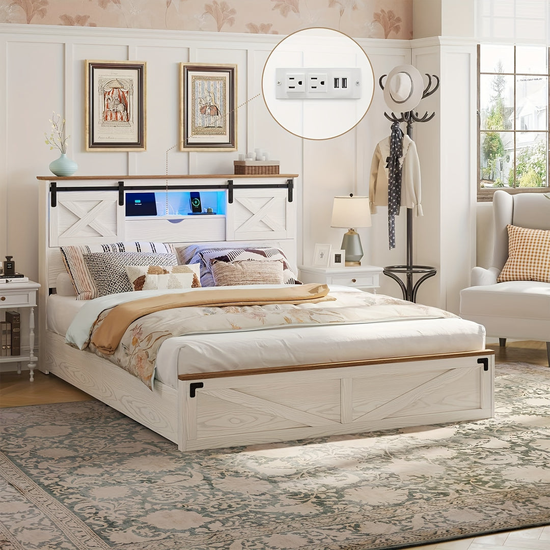 Walnut White Farmhouse Queen Platform Bed with LED Lights, Charging Station & Storage Shelves