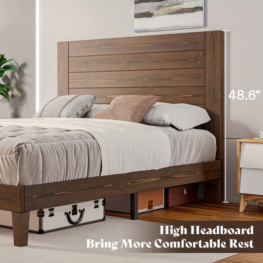 Queen Size Solid Wood Bed Frame, Mid-Century Modern Platform Bed with 48" Headboard, Wooden Slats & Metal Support, Noise Free, No Box Spring Needed