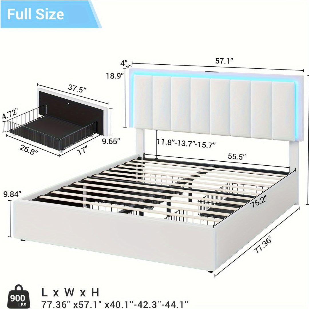 Full Bed Frame with LED Lights And Charging Station, Bedroom Storage Drawers, White