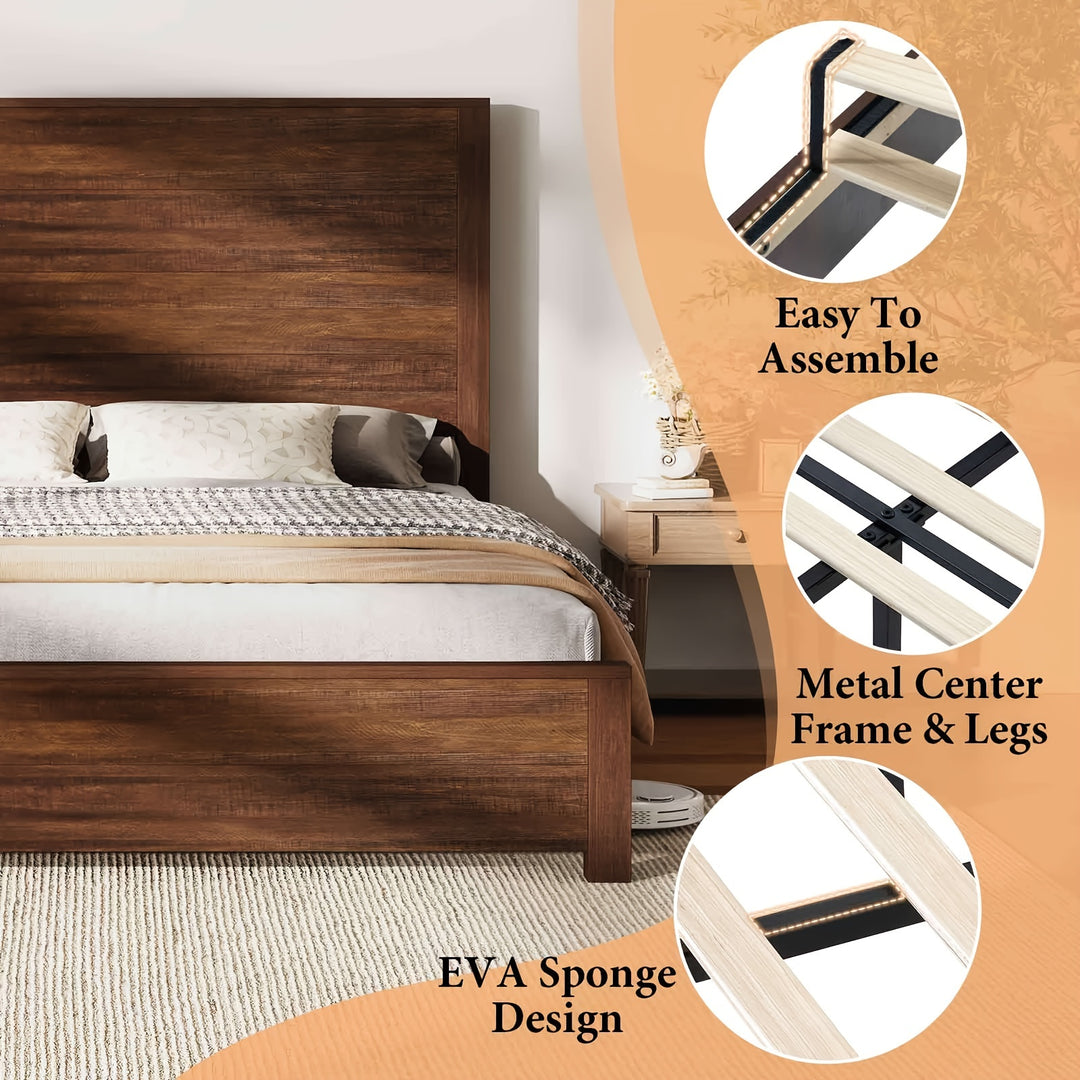 Rustic Solid Wood Platform Bed Frame With Spliced Headboard, Noise-Free Slat Support, No Box Spring Needed