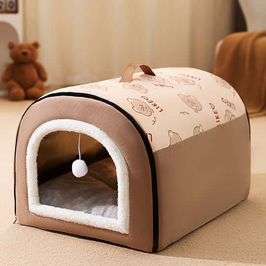 1pc 2-in-1 Polyester Removable Flannel Pet Bed with Hanging Ball, Detachable Rectangular Bedding for Small, Medium, Large Dogs, Indoor Cat Shelter with Handle