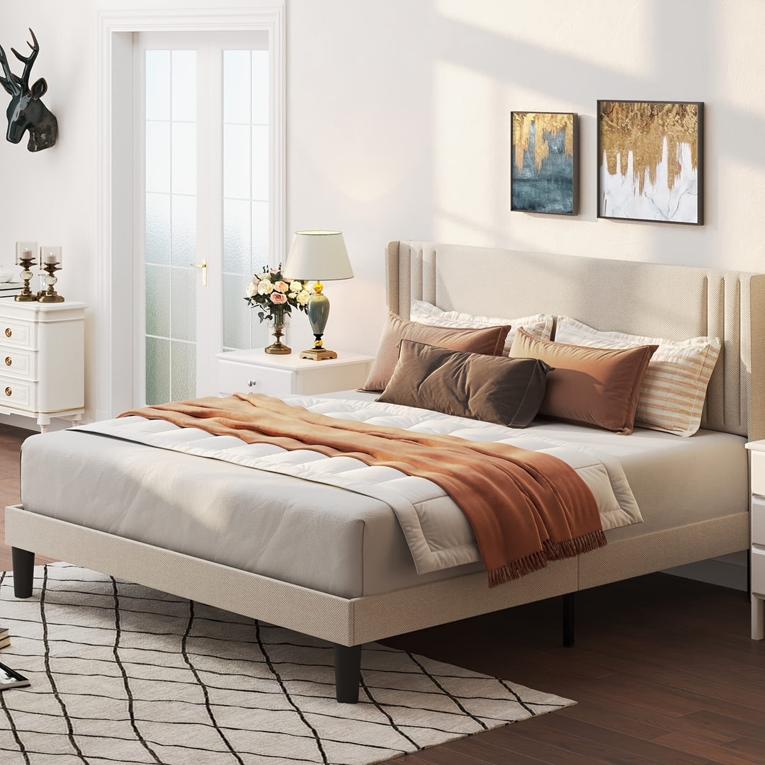 Stylish Full Bed Frame Featuring A Distinct Wingback Headboard, Modern Geometric Upholstered Platform, Solid Wooden Slats For A Noise-Free Rest, No Box Spring Necessary, Beige