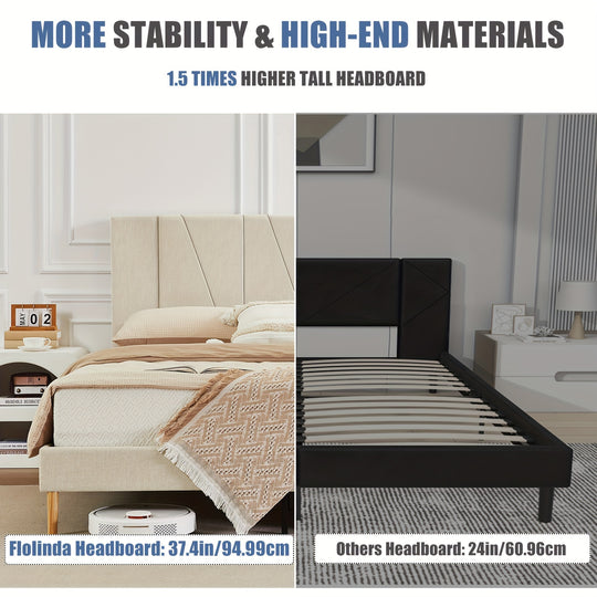 Bed Frame Upholstered Platform with Complete Headboard and Strong Wooden Slats, No Box Spring Needed, Easy Assembly, Noise Free, Mattress Foundation