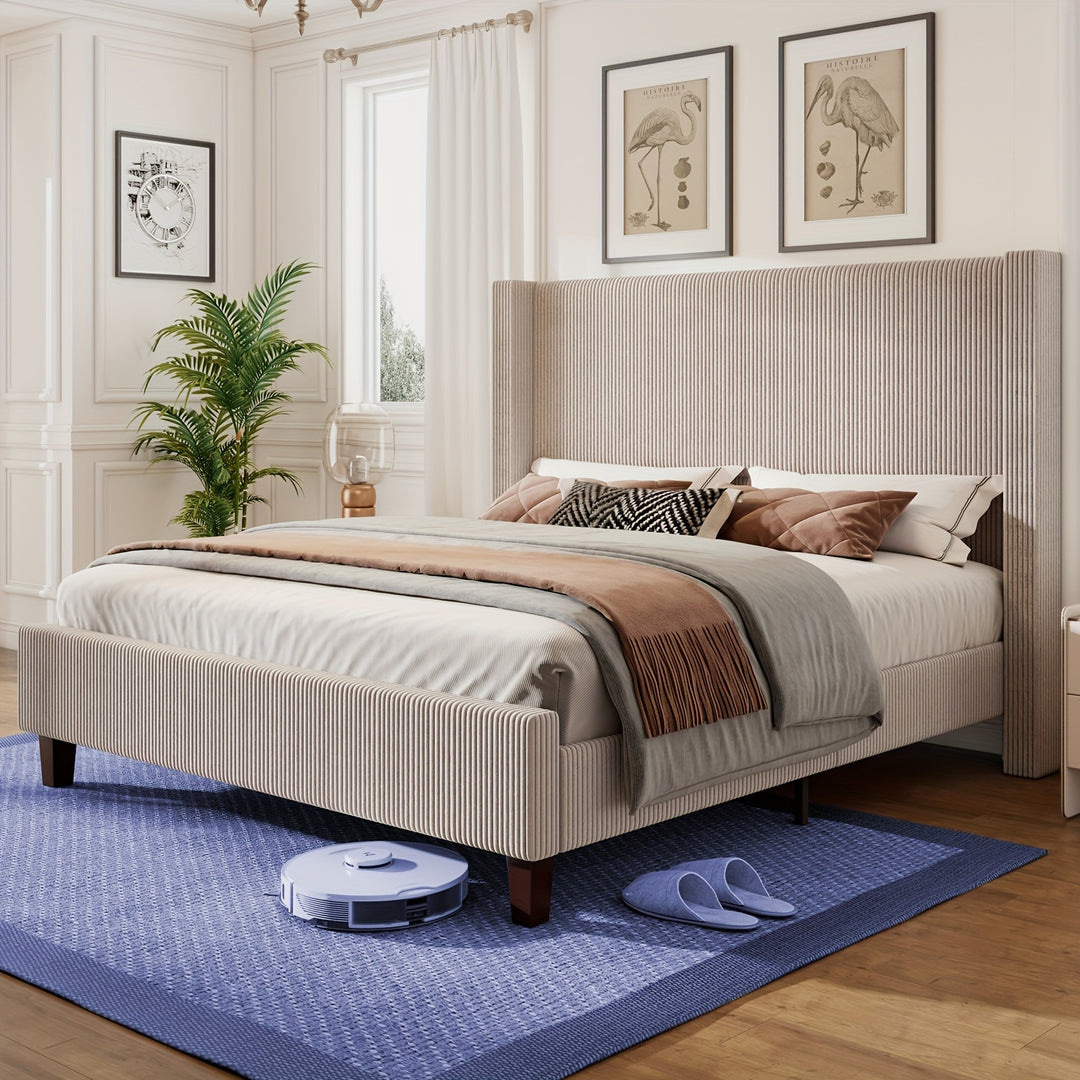 50.8" Upholstered Platform Bed Frame, Corduroy Bed Frame with Wingback Headboard with Solid Wood Legs, No Box Spring Needed