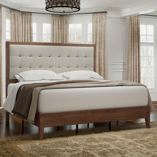 PaPaJet Wood Bed with Headboard Platform Bed Upholstered Tufted Headboard/Solid Wood Bed No Box Spring Needed