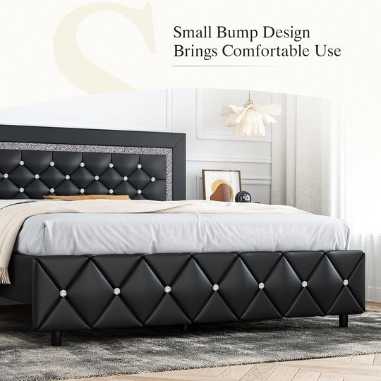 Upholstered Bed Frame  with Diamond Tufted Headboard, Faux Leather Headboard & Footboard, Wooden Slats Support, No Box Spring Needed, Easy Assembly, Black