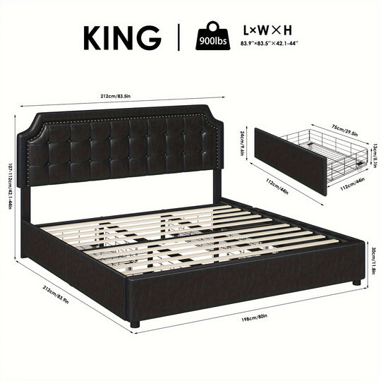 Upholstered Bed Frame with Storage Drawers, Platform Bed with Curved Button Tufted Headboard with Nailhead Trim, Solid Wooden Slats Support, No Box Spring Needed, Beige, White, Black, Full, Queen, King