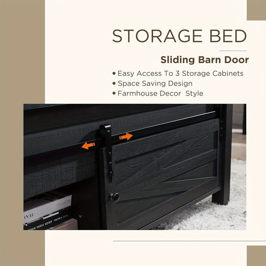 Farmhouse Wood Bed Frame, Sliding Barn Door Storage, Solid Wood Slats