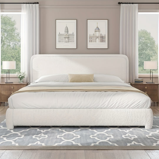 Boucle Upholstered Platform Bed Frame With Headboard, Modern Style, Soft Rounded Corners, No Box Spring Required, Easy Assembly