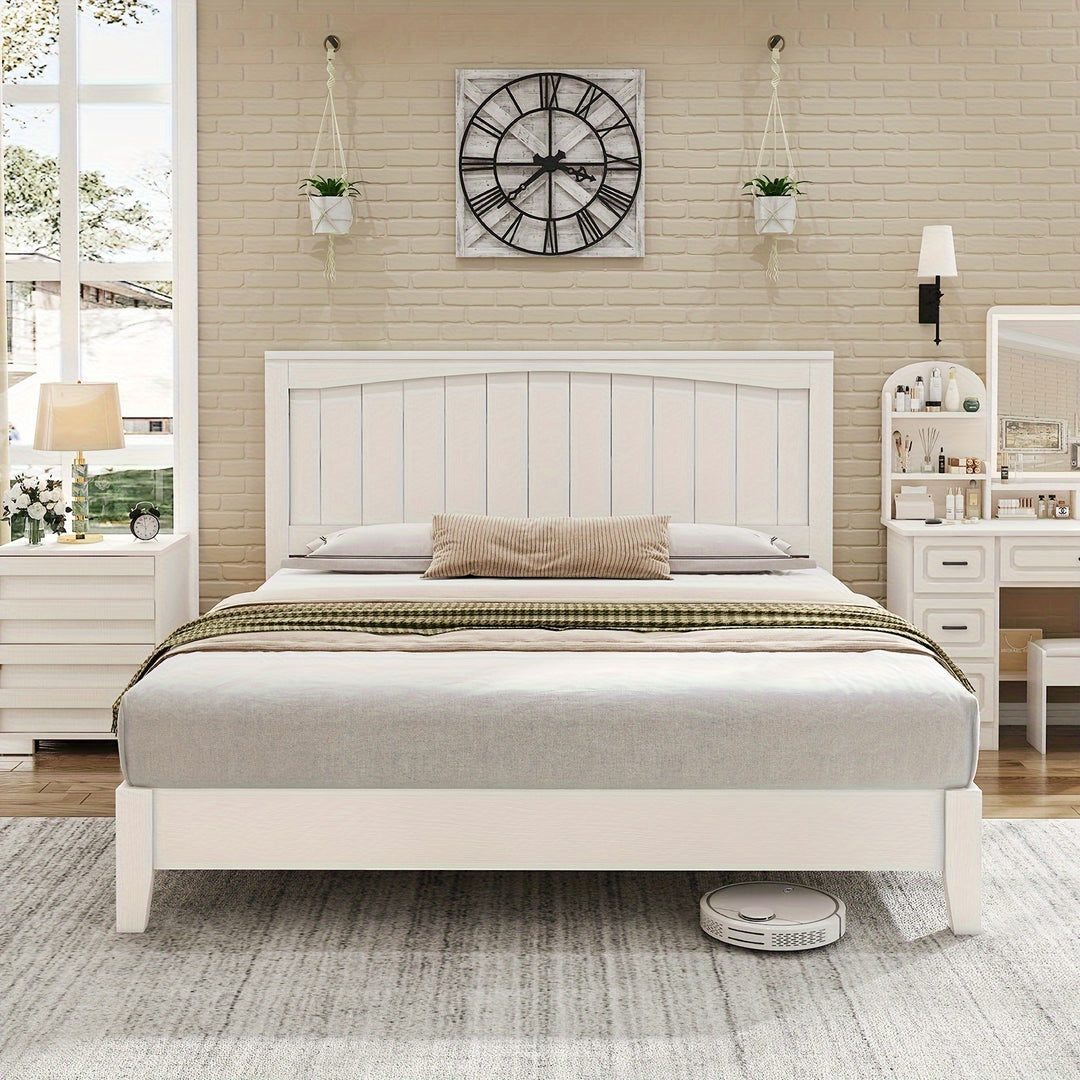 Mid-Century Modern Solid Wood Platform Bed Frame With Arched Headboard, Noise-Free Design, No Box Spring Required