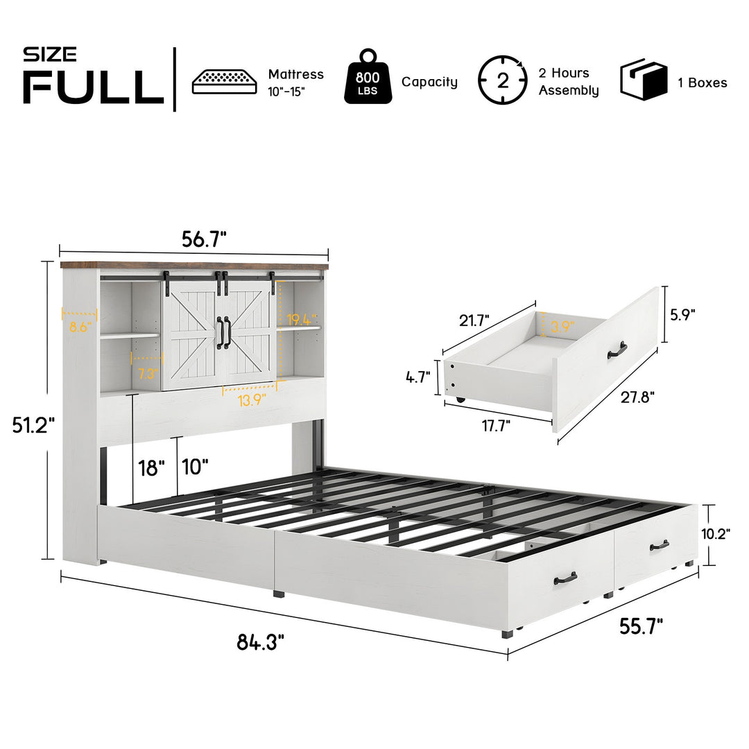 Farmhouse-Style Wooden Platform Bed Frame Boasting a 51.2" Bookcase Headboard, Integrated Storage with a Sliding Barn Door Charging Station and 2 Drawers - No Box Spring Required, Totally Noise-Free