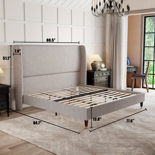 PaPaJet Linen Upholstered Platform Bed Frame with Wingback Headboard, No Box Spring Needed