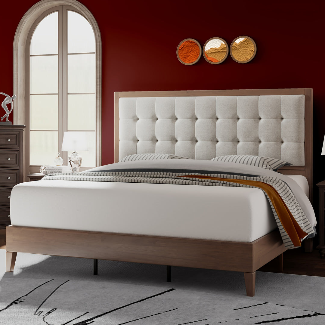 PaPaJet Wood Platform Bed with Headboard Upholstered Tufted Headboard/Solid Wood Bed No Box Spring Needed