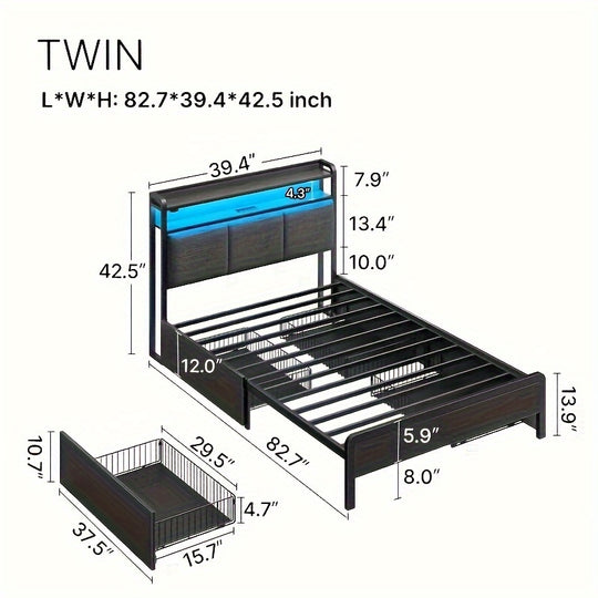 Twin/Full/King/Queen Size Bed Frame Avaliable, Bed Frame With Charging Station & 4 Storage Drawers & RGBW LED Lights, Linen Upholstered Headboard With 2-Tier Storage, Stable Metal Platform Bed, No Box Spring Needed, No Noise