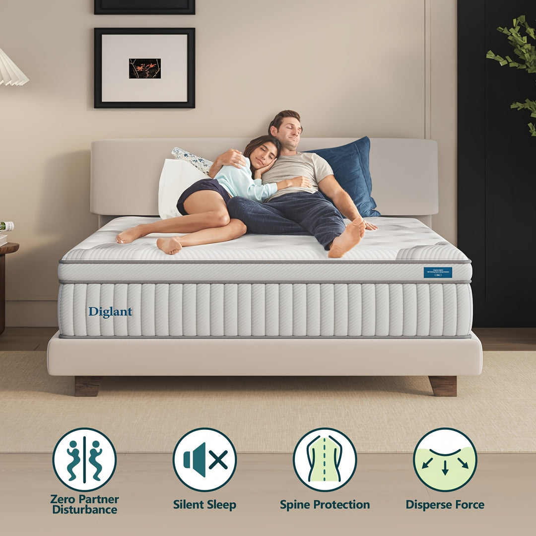 DIGLANT 14 Inch Medium Plush Hybrid Mattress, Supportive Memory Foam Mattresses with Individually Pocketed Coils Innerspring, Motion Isolation & Back Pain Relief, Mattress in Box