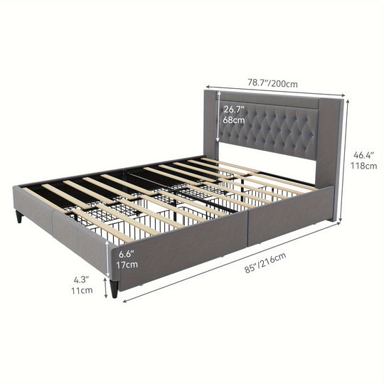 QUOYAD King Size Bed Frame, Storage Bed Frame with 4 Drawers, Upholstered Modern Platform Bed with Diamond Button Tufted Headboard, Sturdy Wood Slat Support, No Box Spring Needed (Grey)