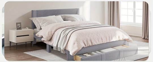 Queen Size Velvet Upholstered Bed Frame with Storage, Wood Platform Bed, 12 Slats, Wheels, Pink, Grey