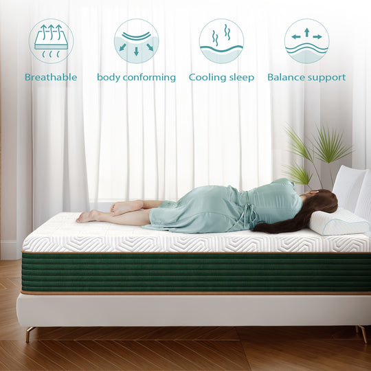 Queen Size, 10 Inch Hybrid Mattress, Medium Firm, Green Memory Foam Mattress, Individually Wrapped Pocket Coils Spring, Quality Comfort And Adaptive Support Breathable.