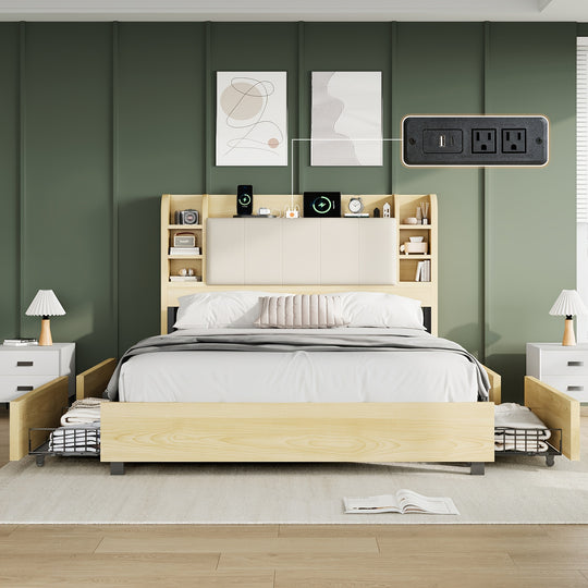 Upholstered Bed Frame With 4 Storage Drawers, Industrial Bed Frame With 47.2" Bookcase Headboard, Wooden Platform Bed With Charging Station And Drawers