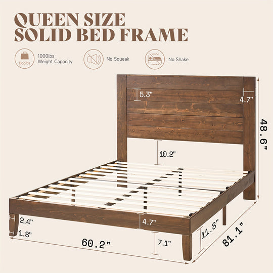 Queen Size Solid Wood Bed Frame, Mid-Century Modern Platform Bed with 48" Headboard, Wooden Slats & Metal Support, Noise Free, No Box Spring Needed