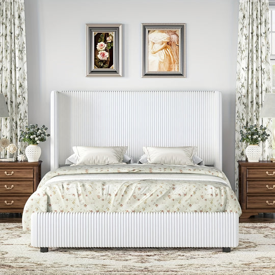 Upholstered Bed Frame, Corduroy Platform Bed With Vertical Channel Tufted Headboard, Soft Low Profile Bed, No Box Spring Needed, Easy Assembly