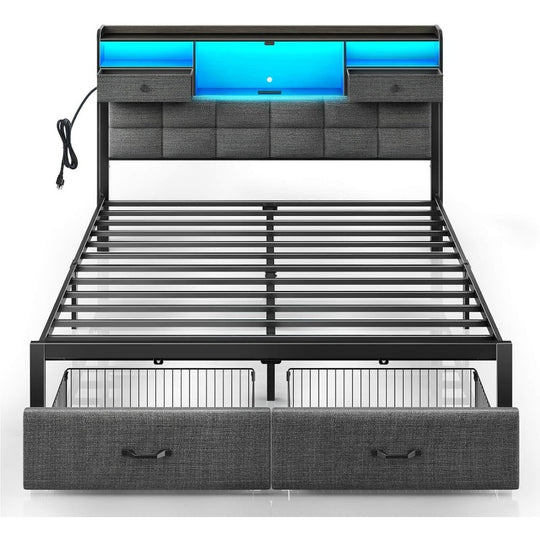 Bed Frame Full/Queen/King Size with Drawers and Charging Station, Upholstered Platform Bed with Storage Headboard and LED Light, Heavy Duty Metal Frame Support, No Box Spring Needed, Noise Free,