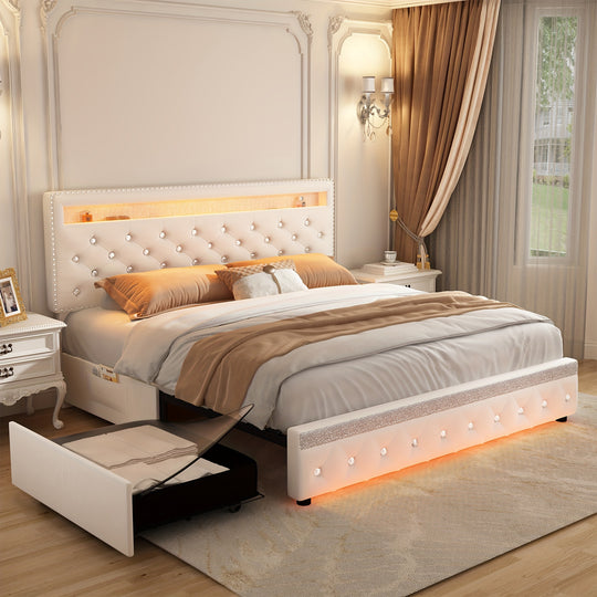 Sibeds Queen Size Bed Frame, LED Lights, Storage Drawers, Tufted Headboard, No Box Spring Needed